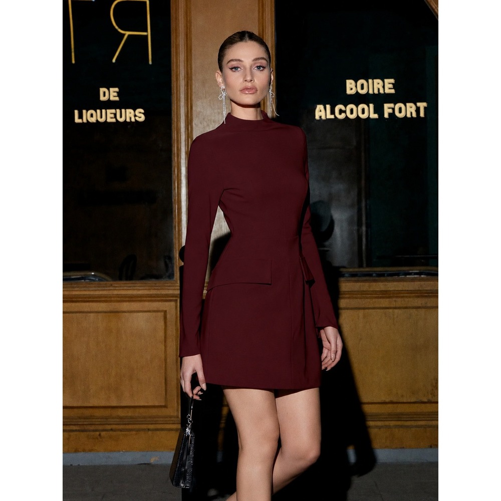 COMMENSE Burgundy Mock Neck Long Sleeve Mini Dress S NEW